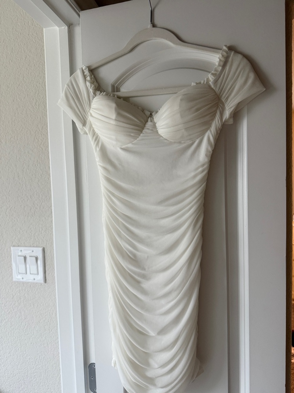 Windsor Cream Off-Shoulder Ruched Midi Dress